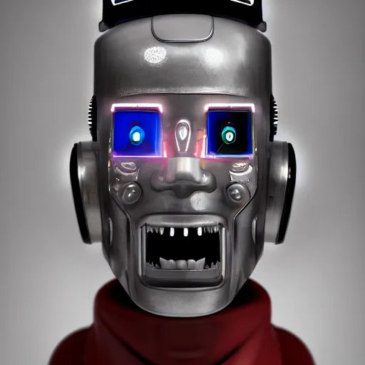 Image similar to portrait of a robot that is a soundcloud robot full of face tattoos and grills in its teeth, stunning photo, cinematic lighting, perfect composition, 8K, ultra-detailed , Trending on artstation, Octane render, Unreal Engine, highly detailed