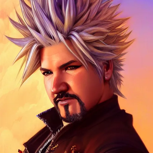 Image similar to Guy Fieri as Cloud Strife, western, D&D, fantasy, intricate, elegant, highly detailed, digital painting, artstation, concept art, matte, sharp focus, illustration, art by Artgerm and Greg Rutkowski and Alphonse Mucha