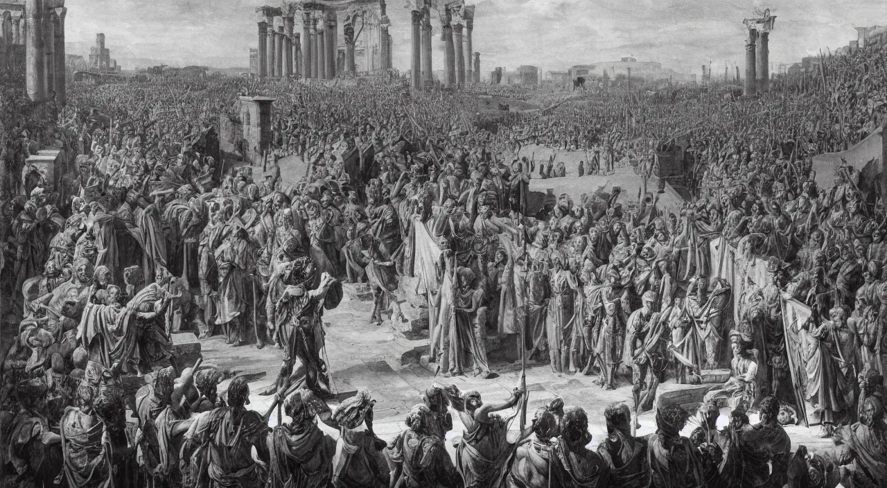 Prompt: Julius Caesar speech to a militar parade in front of the Roma’s colliseum at the kingdom of Julius Caesar, roman historic works in brand new condition, not ruins, hyper-detailed, artstation trending, world renowned artists, historic artworks society, antique renewel, good contrast, realistic color ,cgsociety, by greg rutkowski,gustave dore, Deviantart