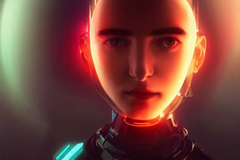 Image similar to highly detailed surreal vfx portrait of a robot android, ex machina, stephen bliss, unreal engine, greg rutkowski, loish, rhads, beeple, makoto shinkai and lois van baarle, ilya kuvshinov, rossdraws, tom bagshaw, global illumination, detailed and intricate environment