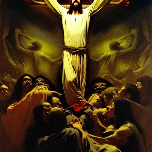 Image similar to jesu christ wearing blindfold!!!!! sitting on a huge!!!! throne of entwined bodies, elegant, ominous, highly detailed painting by goya!!! phil hale!! gaston bussiere, craig mullins, j. c. leyendecker, 8 k, mid shot