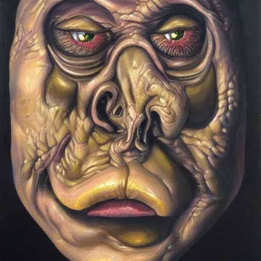 Image similar to Oil painting with black background by Christian Rex Van Minnen Robert Williams Todd Schorr of a portrait of an extremely bizarre disturbing mutated man with acne intense chiaroscuro lighting perfect composition