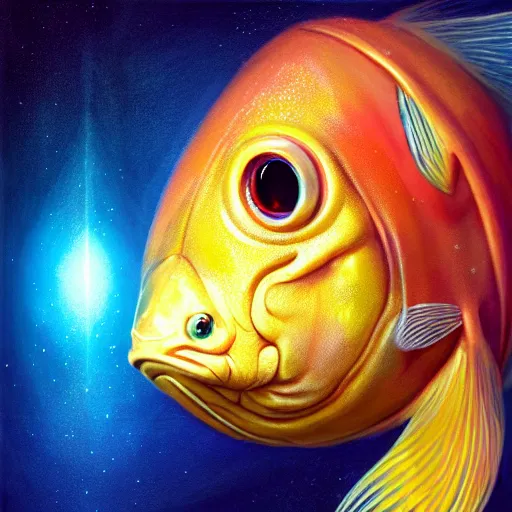 Image similar to a photorealistic portrait of magikarp, it has yellow hair and a beautiful unconventional face, deep space in the background, elegant, highly detailed, digital painting, artstation, realism, concept art, pop, smooth, mythological, sharp focus, qualia, illustration, art by mark ryden 3 d 8 k ultra detailed