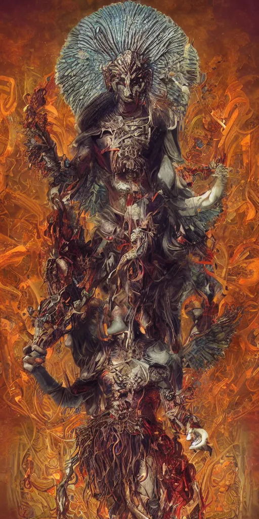 Image similar to Portrait of enki sumerian god, holding a strobilus in his left hand and wings. illustration, by James Jean, artgerm, octane render, by John Coltrane and Marc Simonetti, Manic, inspired by Greg rutkowski, colorful, high detail of the face, full body