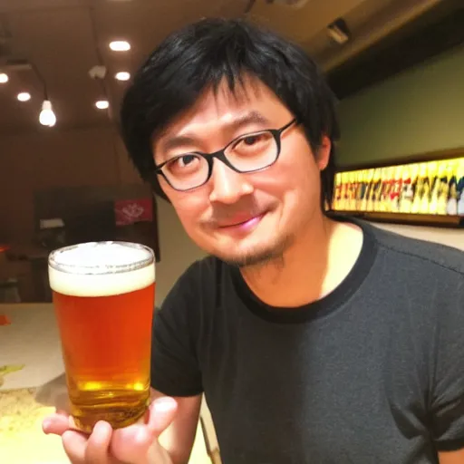 Image similar to real photo of japanese video game designer zun drinking a single beer