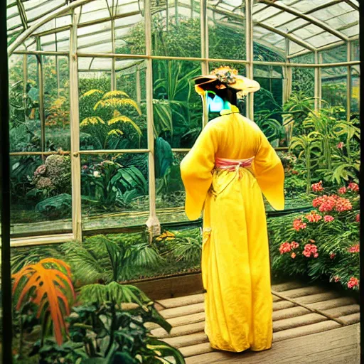 Image similar to Photograph. Film still. of a young woman!!! wearing a yellow kimono in a tropical greenhouse, by Carl Larsson Extremely detailed. 4K. 35 mm lens