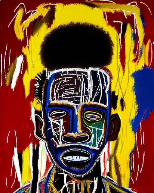 Image similar to A extremely ultra highly detailed majestic hi-res beautiful immaculate head and shoulders award winning painting stunning masterpiece of the face of a ultra highly detailed strong black African man portrait by Jean-Michel Basquiat, 8k, high textures, ultra hyper sharp, insanely detailed and intricate, super detailed, 8k HDR ultra high quality, high detail, hyperrealist, photorealistic, octane render, cinematic, high textures, hyper sharp, 4k insanely detailed and intricate, surrealism, surrealist, real life, lifelike, 8k, hyper realistic, super detailed, realistic, 4k HDR hyper realistic high