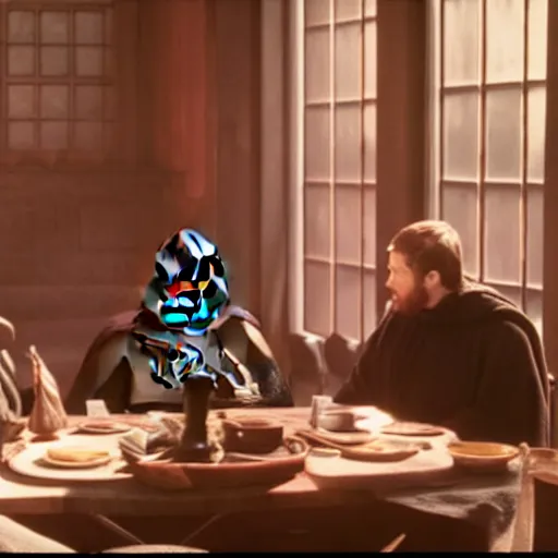 Image similar to Obi Wan sits at a table with Darth Vader and Drinks tea. Screenshot from Movie, Movie Still, 8k, High Resolution, Highly Detailed