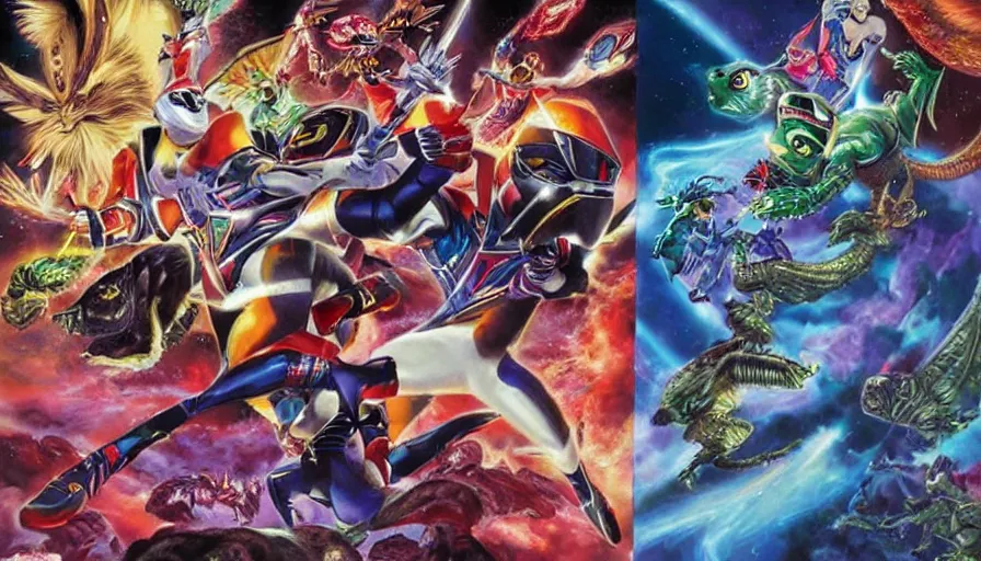 Image similar to stephen Hawkins as power ranger fighting gremlins vs mothra art by Noriyoshi Ohrai and Lisa Frank