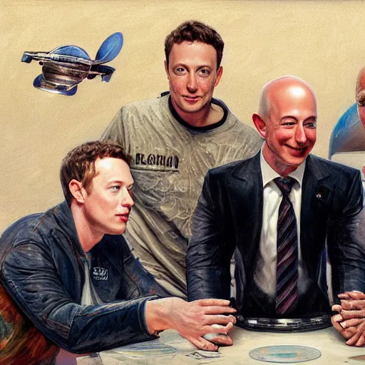 Image similar to portrait of elon musk, mark zuckerberg and jeff bezos together, looking at planet earth, very detailled, art contest winner on behance, trendy on deviantart, donato giancola, joseph christian leyendecker, les edwards, ed repka, wlop