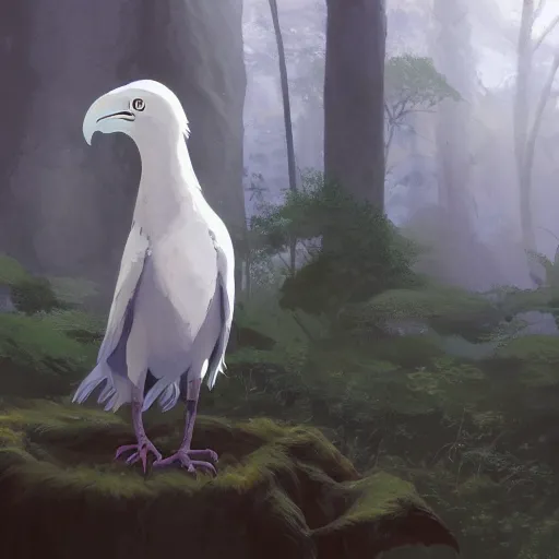 Image similar to concept art painting of an anthropomorphic albino raven wearing dark blue robes, in the deep forest, realistic, detailed, cel shaded, in the style of makoto shinkai and greg rutkowski and james gurney