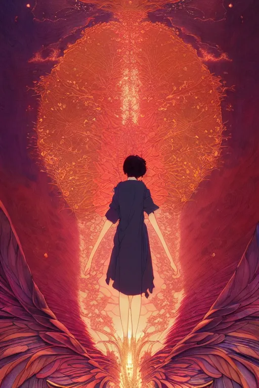 Image similar to a beautiful exquisite delicate hyperdetailed character design 4 k wallpaper illustration of a huge reddish phoenix, victo ngai style, from china, style of studio ghibli, makoto shinkai, raphael lacoste, louis comfort tiffany, denoise, deblurring, artgerm, xision, james jean, ross tran, chinese style