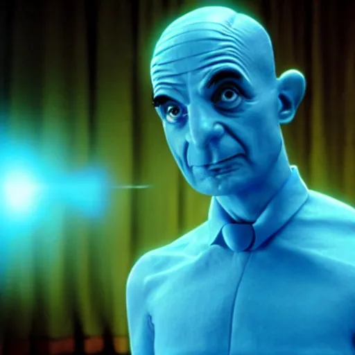 Image similar to mr. bean as doctor manhattan. movie still. cinematic lighting.