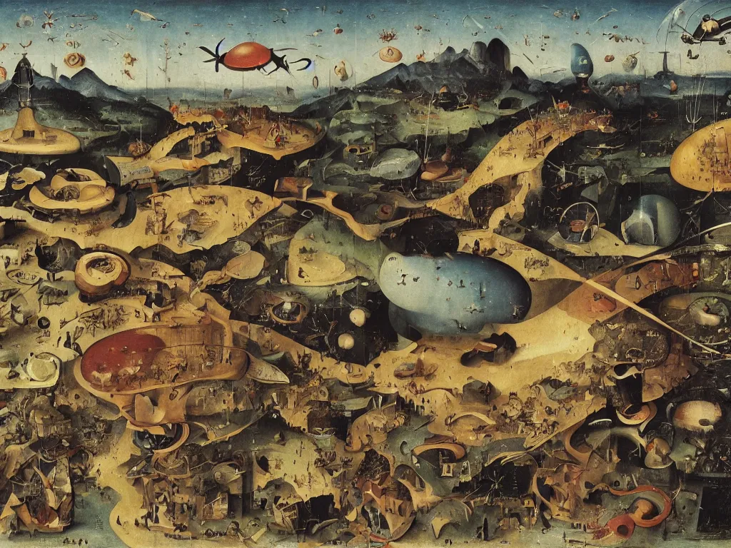 Image similar to dream bot mothership above a giant forehead. painting by bosch, walton ford