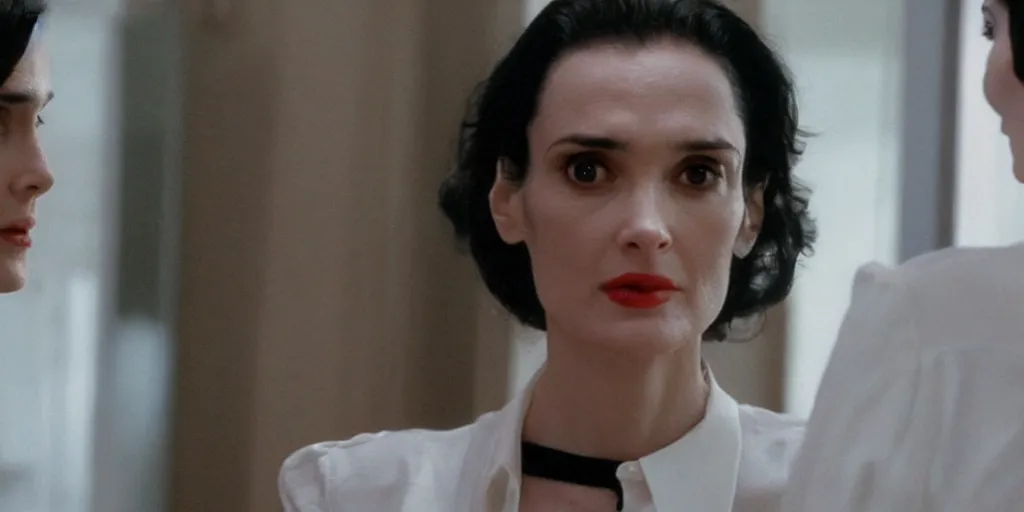 Image similar to ultra wide angle photo of winona ryder dressed in a white blouse and black dress pants as diana prince looking at herself in a bathroom mirror and seeing her reflection as wonder woman