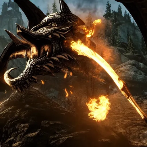 Image similar to skyrim anime, detailed, lighting, dragon fight, fire, mythical, tower