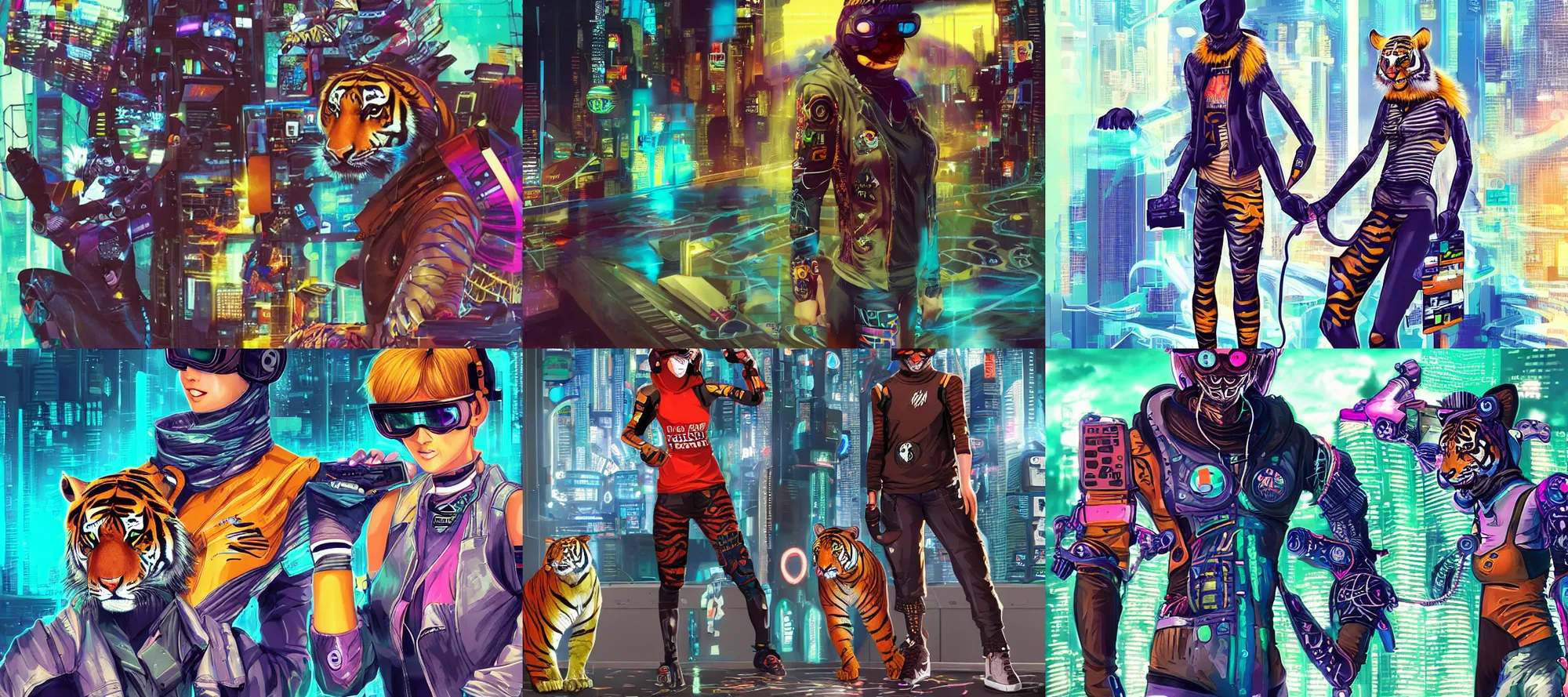 Prompt: cyberpunk anthro tiger computer hacker spandex skater goggles cat person grinning netrunner tiger itsaunixsystem beastars