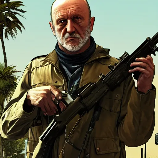 Image similar to Mike Ehrmantraut holding a rifle in GTA V, cover art by stephen bliss, highly detailed, 4k