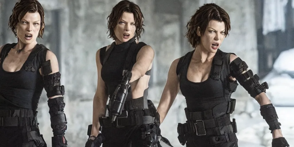 Image similar to mika jovovich in resident evil doing kung fu stunts