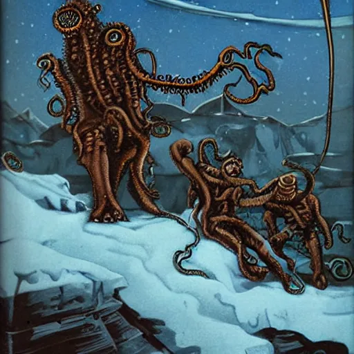 Image similar to lovecraftian monster eating victorian explorers in the arctic. art by everett kinstler.