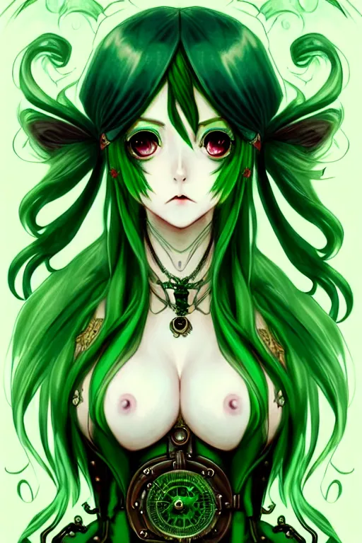 Image similar to beautiful green hair anime woman victorian dress, steampunk, fantasy, eerie, intricate details, pixiv, digital painting, artstation, concept art, 8 k, art by artgerm, loish and alohonse mucha and eiichiro oda symmetrical face symmetrical eyes