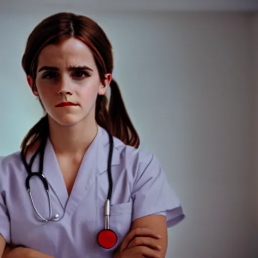 Prompt: emma watson, nurse scrubs, hospital, portrait, ponytail, mouth open, rolling eyes, head and shoulders, award winning, kodak ektachrome expired blue tint,