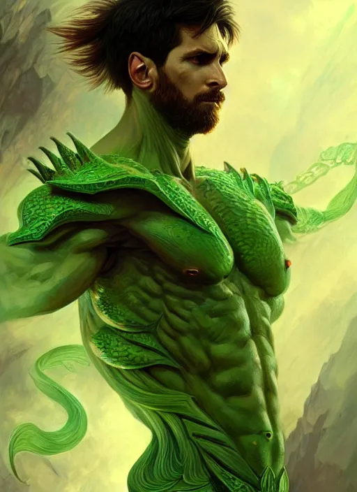 Image similar to portrait of aggressive draconic humanoid messi, d & d, muscular! green, fantasy, intricate, elegant, highly detailed, digital painting, artstation, concept art, smooth, sharp focus, illustration, art by artgerm and greg rutkowski and alphonse mucha