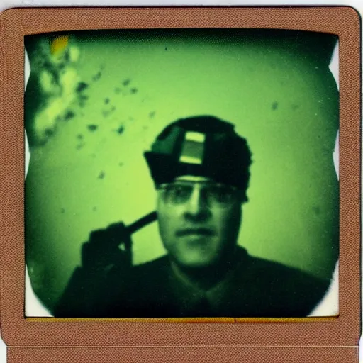 Image similar to polaroid photo of sponge bob in us military suit veteran of the vietnam war, underwater effect