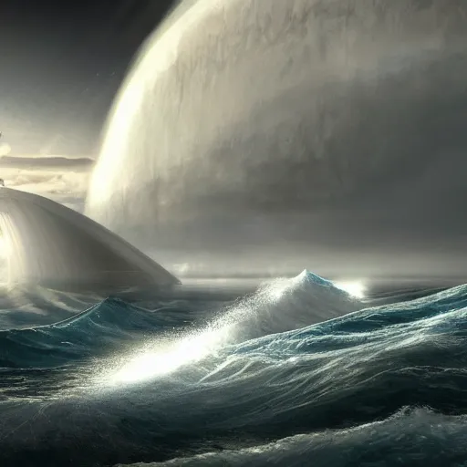 Prompt: Rendering of a scene of Noah’s ark atop a wave on a stormy ocean, on a ringworld, ringworld rising up from the horizon, dark effect, trending on cgsociety and unreal engine, highly detailed，super wide angle