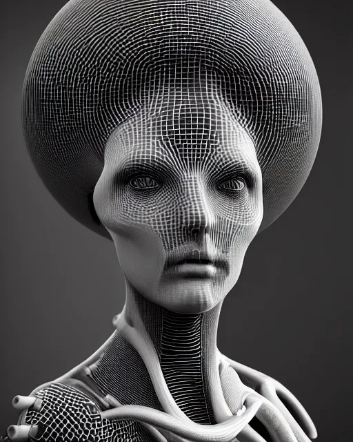 Image similar to mythical black and white organic bio-mechanical spinal ribbed profile face portrait detail of mechanical beautiful female angelic-vegetal-cyborg, highly detailed, intricate steampunk ornate, poetic, 3D render, digital art, octane render, 8K artistic photography, photo-realistic, by Dora Maar