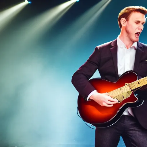 Prompt: A White man wearing a suit playing guitar and singing a country song on stage, 4k, hyper realistic, HDR, super detailed