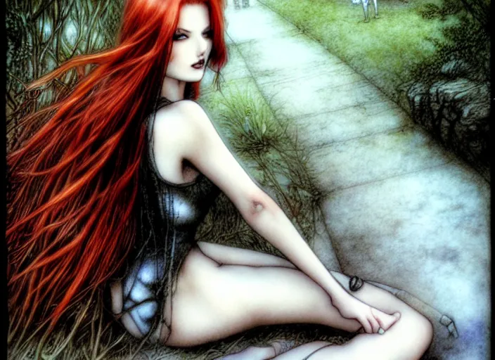 Prompt: redhead in a park by luis royo.