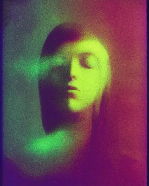 Image similar to featureless woman's face, serene emotion, violet and yellow and green lighting, polaroid photo, 1 9 8 0 s cgi, atmospheric, whimsical and psychedelic, grainy, expired film, super glitched, corrupted file, ghostly, bioluminescent