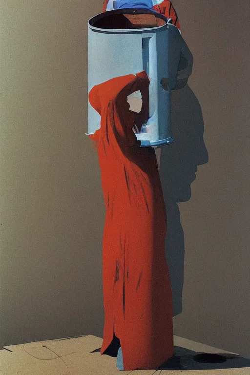 Image similar to a woman wearing a trash bin through her head to catch a trash Edward Hopper and James Gilleard, Zdzislaw Beksinski highly detailed