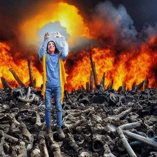 Image similar to , funny and frightened ukrainian burned to bones in dirty yellow and blue rags on the background of a huge nuclear explosion selfie 2 0 2 2, armageddon they will be dead and we go to paradise