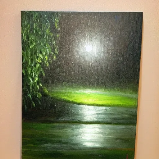 Image similar to a painting of rain in a garden at night