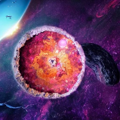 Prompt: a cracked open colorful geode as big as a planet, in orbit, sci-fi, cgsociety,4k,ultrarealistic,detailed