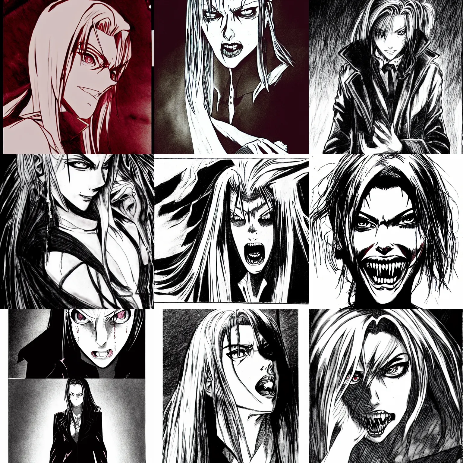 Prompt: creepy scarlett johansson as vampire in van hellsing anime. dramatic lighting, anime style, pencil and ink manga drawing, centered in panel