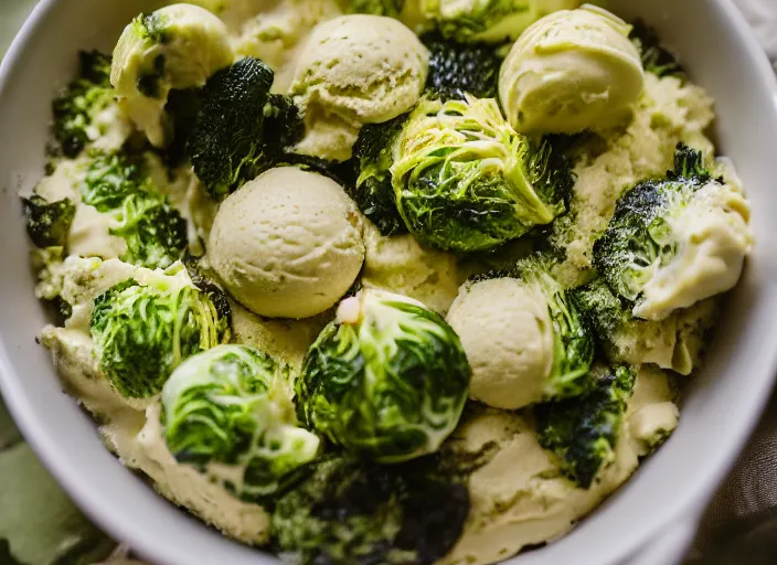 Image similar to dslr food photograph of broccoli and brussel sprout ice cream, 8 5 mm f 1. 8