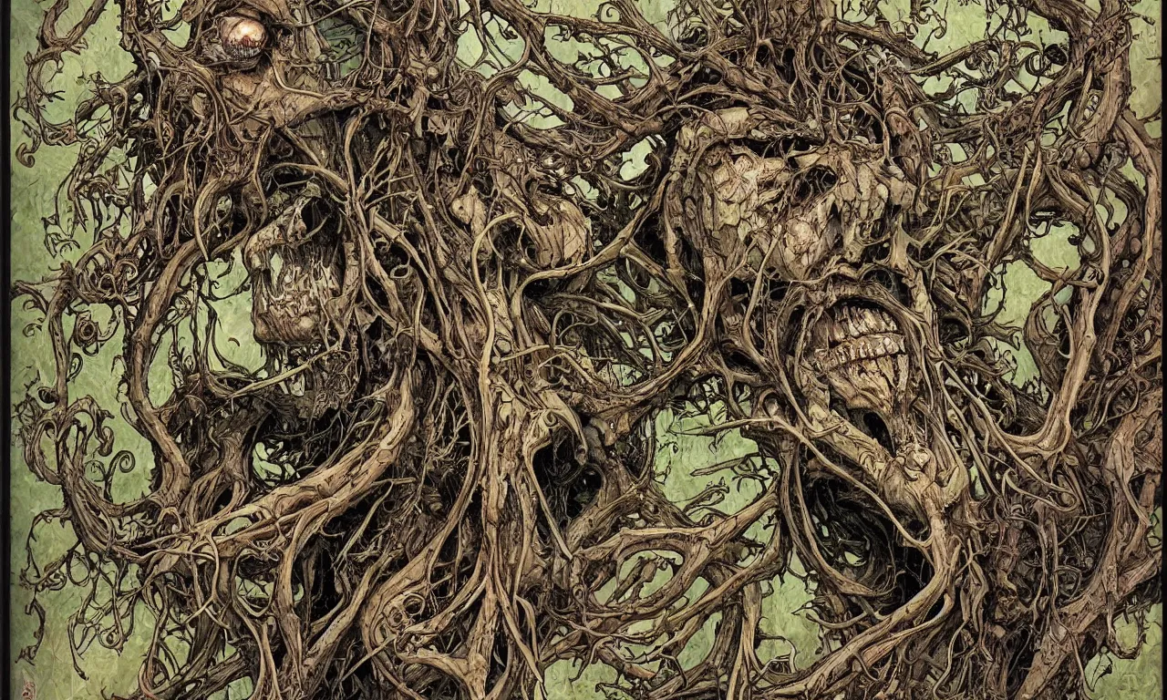 Image similar to hyperdetailed art nouveau portrait of treebeard as a cthulhu eyeball skull wendigo cryptid, by geof darrow, simon bisley and bill sienkiewicz, grim yet sparkling atmosphere, photorealism, claws, skeleton, antlers, fangs, forest, wild, crazy, horror, lynn varley, lovern kindzierski, steve oliff