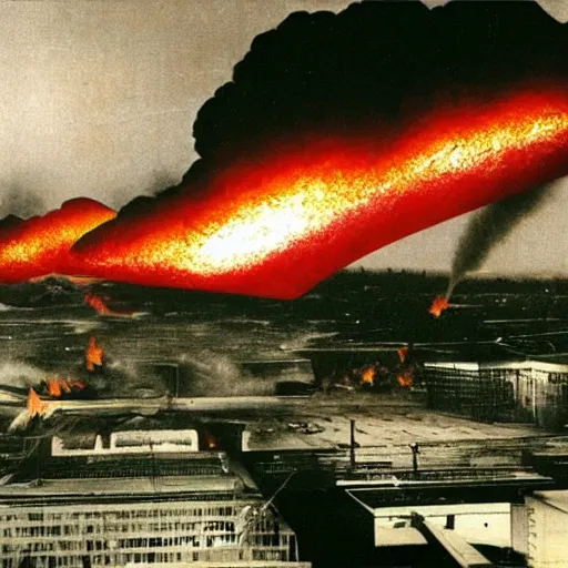 Image similar to a cyberpunk imagining of the hindenburg burning to the ground