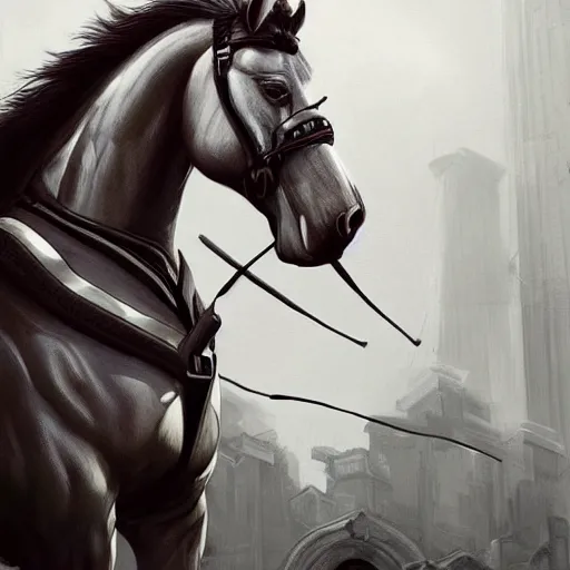 Image similar to a herculean anthropomorphized horse with a magnificently muscular physique wearing a tight leather armor while protecting a facility, long white mane, equine, anthro art, furaffinity, highly detailed, digital painting, artstation, sharp focus, concept art, illustration, art by artgerm, greg rutkowski, wlop