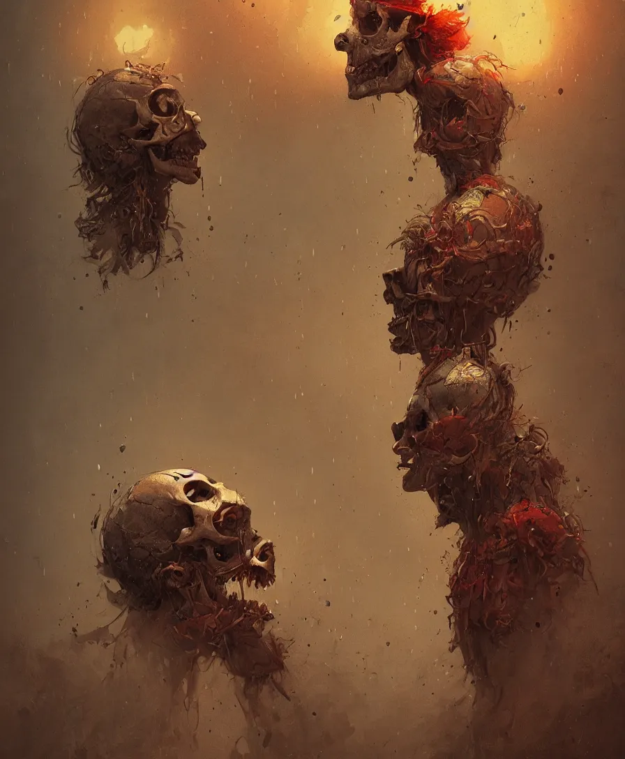 Prompt: portrait skull clown, raining, illustrated by Simon Stålenhag and Gaston Bussiere, beautiful volumetric lighting style atmosphere, intricate, ultra detailed, photorealistic, trending on artstation