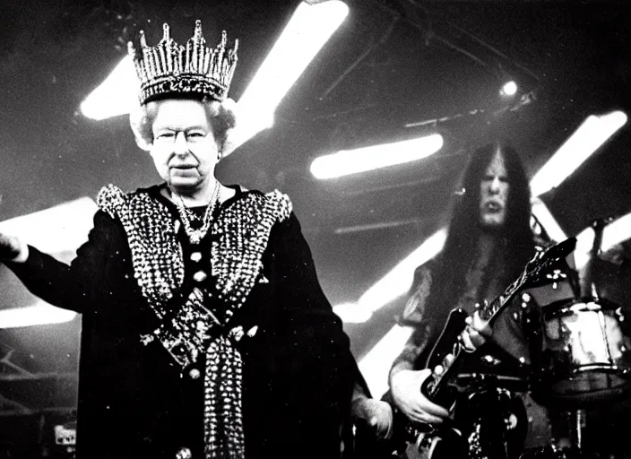 Image similar to publicity photo still of queen elizabeth in a death metal band playing live on stage, 8 k, live concert lighting, mid shot