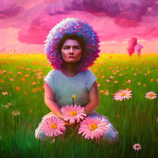 Image similar to giant daisy flower as head, girl sitting in a flower field, surreal photography, sunrise, dramatic light, impressionist painting, colorful clouds, digital painting, artstation, simon stalenhag