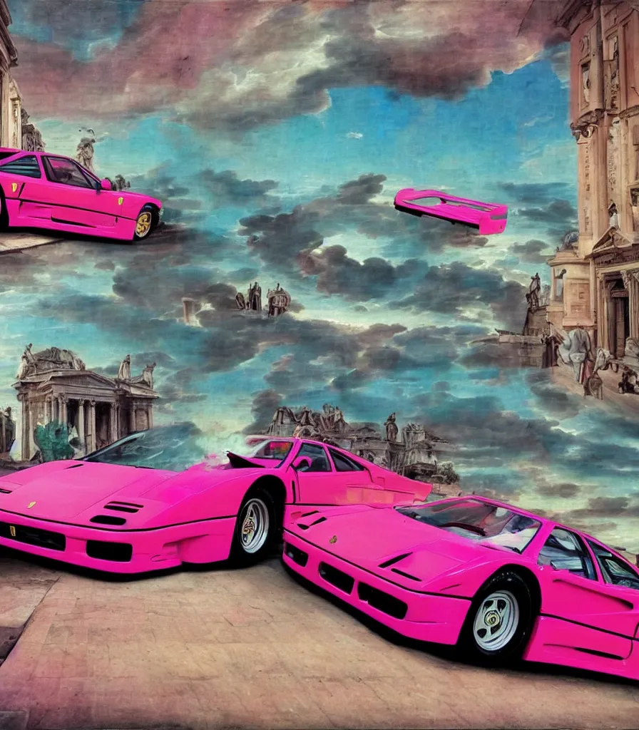 Image similar to vapor wave ferrari f 4 0 in the style of a renaissance painting