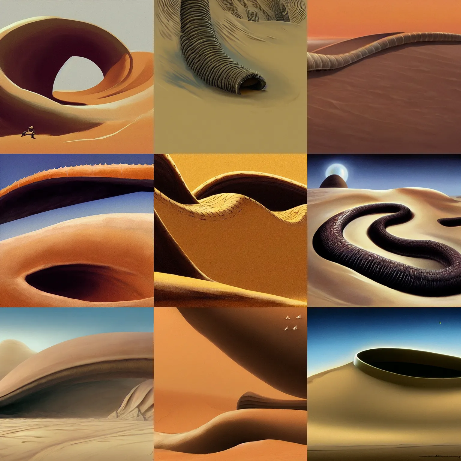 Prompt: dune, huge sandworm unleashed out of sand, hyper realism, very detailed, artstation, by John Harris