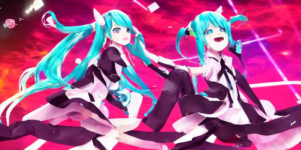 Image similar to hatsune miku preforming on stage , digital art, art station, trending on art station, anime, colorful art