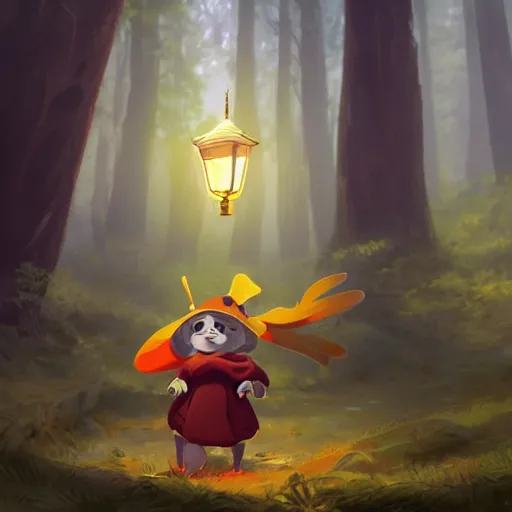 Image similar to concept art painting of an anthropomorphic luffy chipmunk wearing a yellow cloak, holding a lantern, in the deep forest, realistic, detailed, cel shaded, in the style of by isaac asimov and marc simonetti and makoto shinkai and greg rutkowski and james gurney