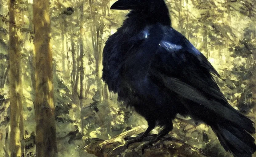 Prompt: oil painting by anders zorn, raven in forest, very very very very beautiful art, dramatic light, strong shadows, shiny blue black feathers, amber eyes, glowing